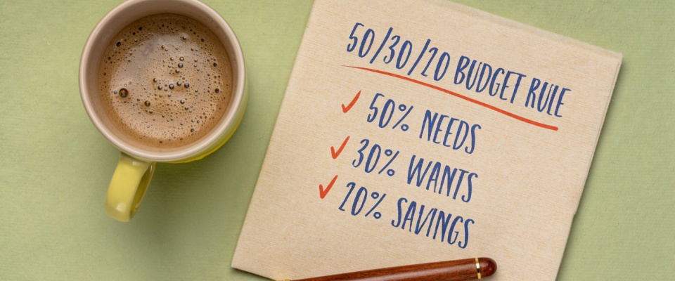 Handwritten budget rule on a napkin outlining 50% for needs, 30% for wants, and 20% for savings, alongside a cup of coffee, representing a personal finance concept.