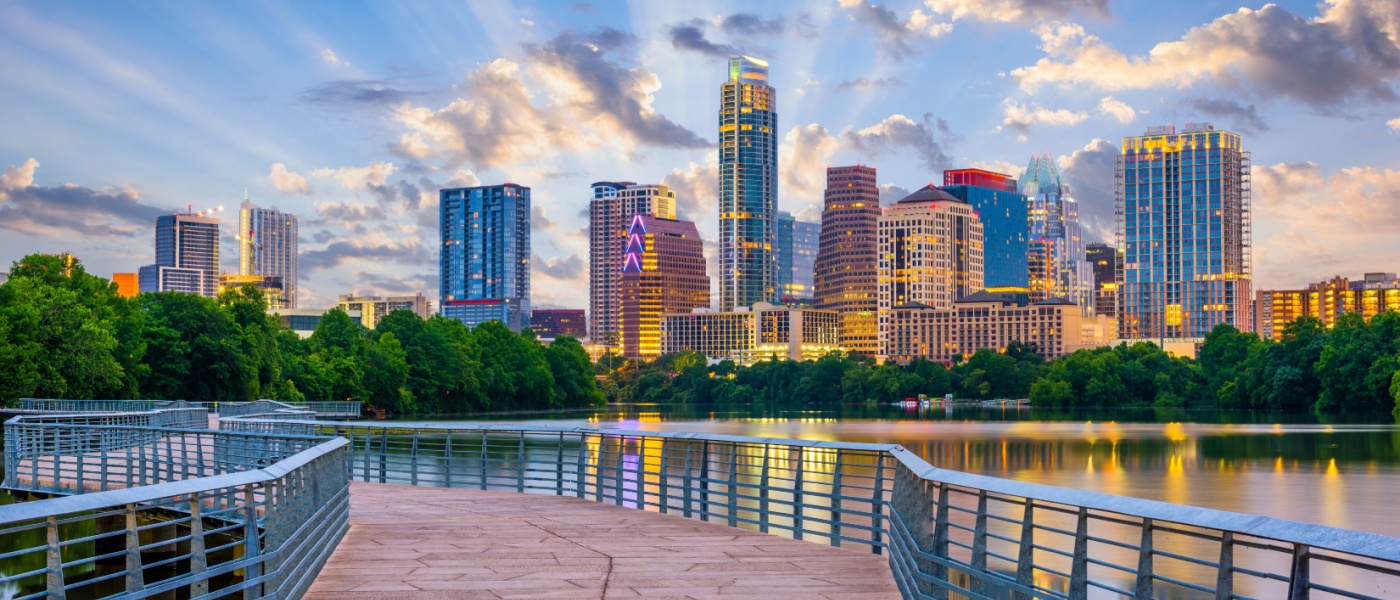 A view of the skyline in Austin, TX, as seen from one of the city’s waterfront walkways.