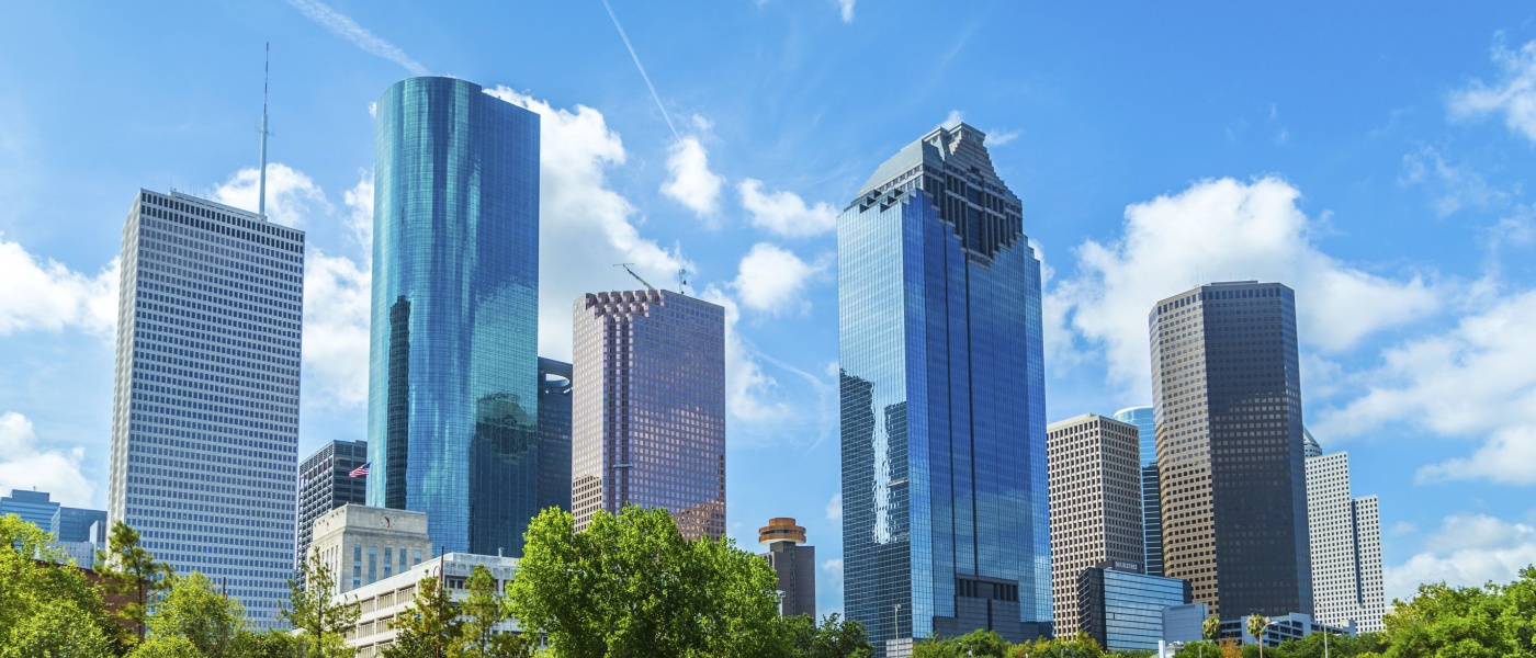 Skyline of Houston, Texas in daytime under blue sky
