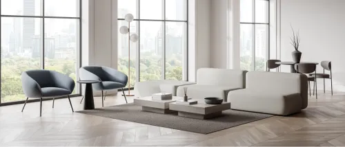 A stylish living room with modern furniture and minimalist decor, featuring large windows that offer a stunning view of the cityscape.
