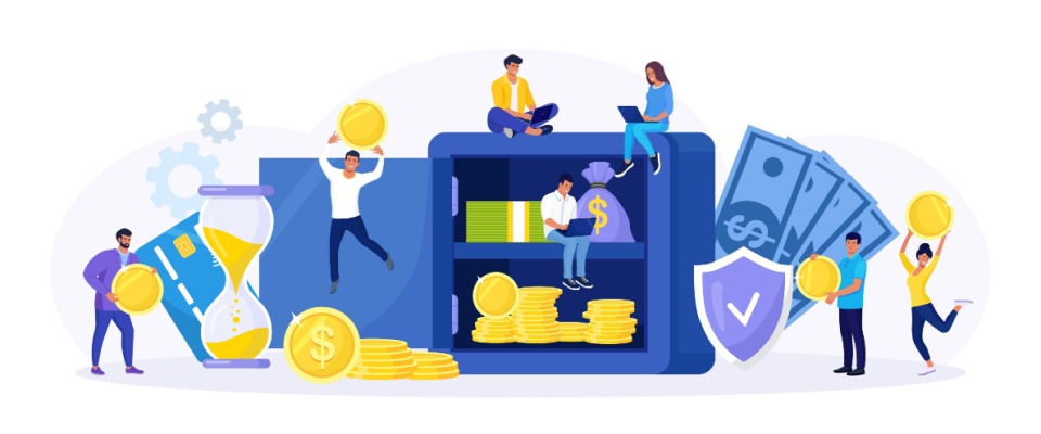 A vector image showing a vault with money inside, and cartoon characters holding golden coins.