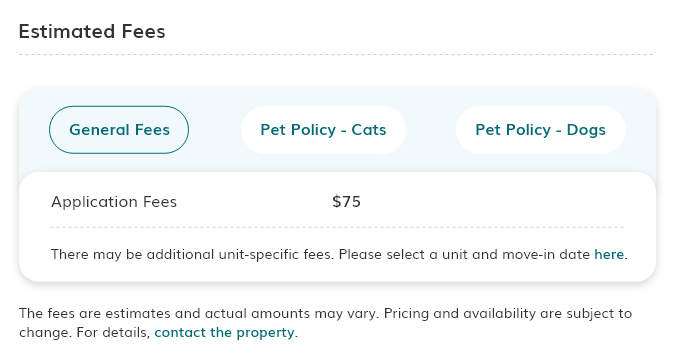 Image of the Estimated Fees section, so renters can see the new features implemented on the site. 