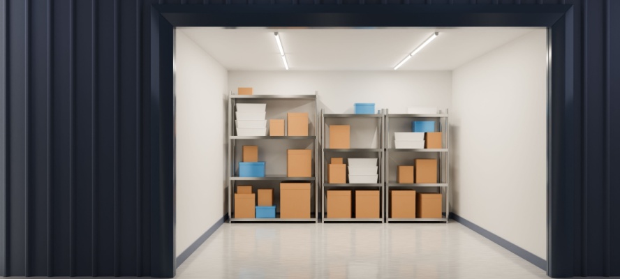 Stacked boxes in a neon-lit storage unit