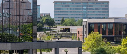 A photo of office buildings in Overland Park, KS, a city where renters have several options for affordable neighborhoods.