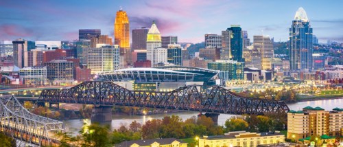 An aerial view of the Cincinnati skyline at dusk, a city where renters can find affordable neighborhoods to rent an apartment.