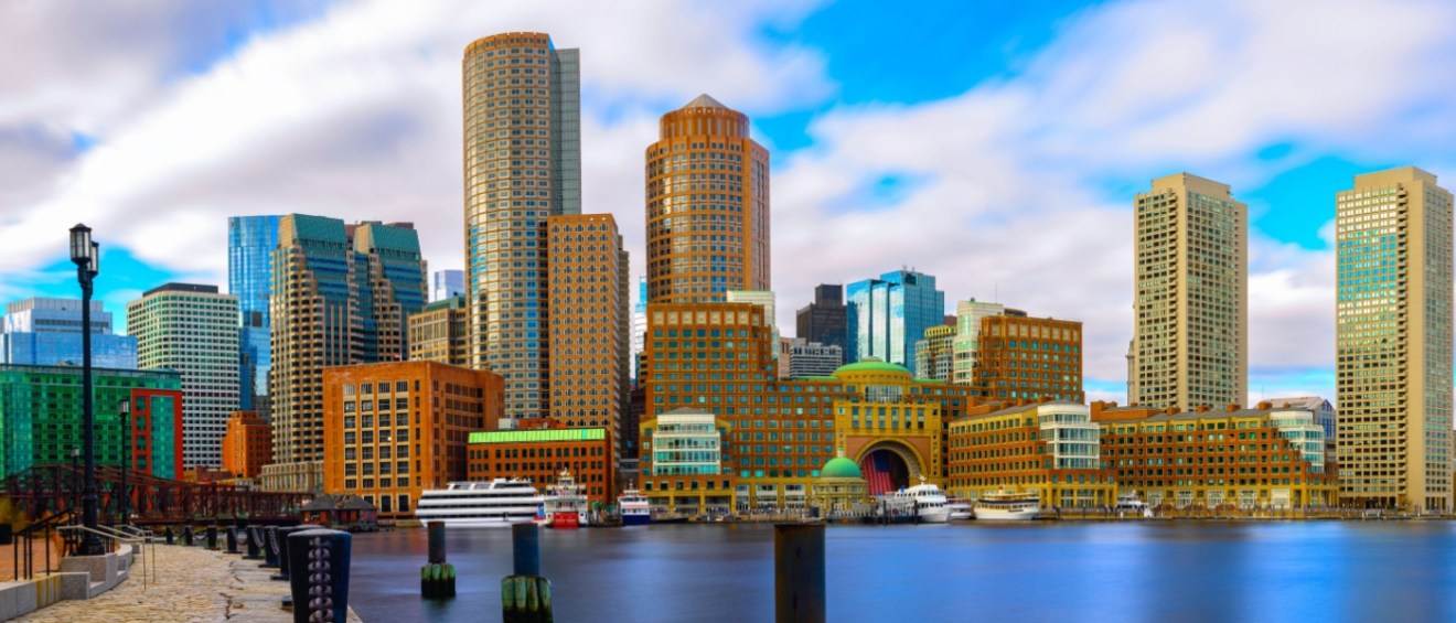 View of the Financial District in Boston and Boston Harbor.