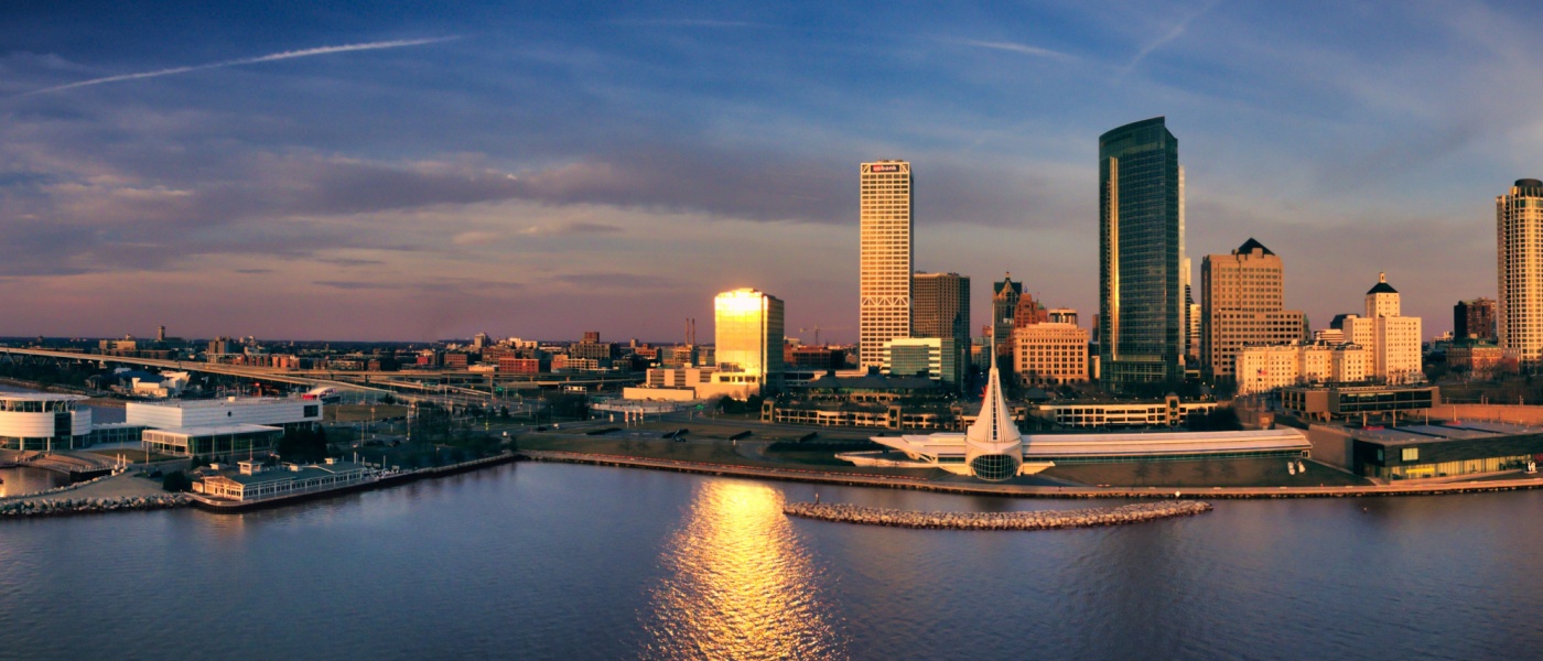 The skyline of Milwaukee along the waterfront.