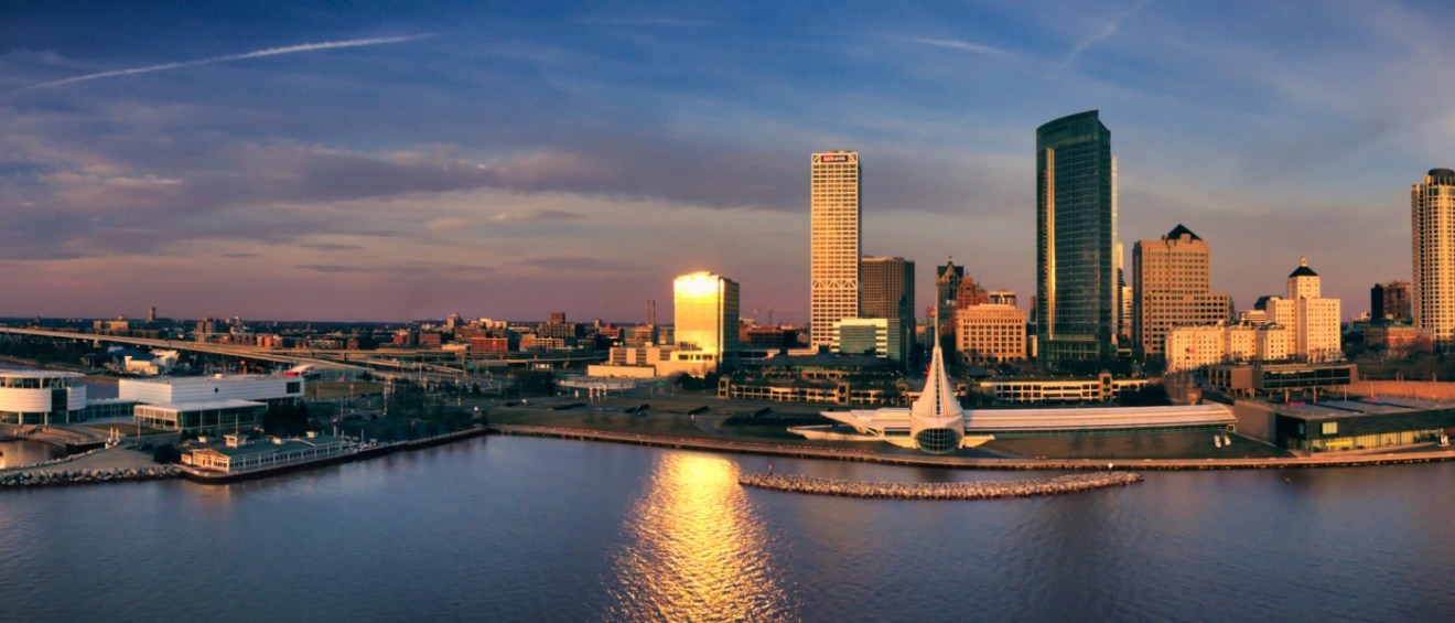 The skyline of Milwaukee along the waterfront.