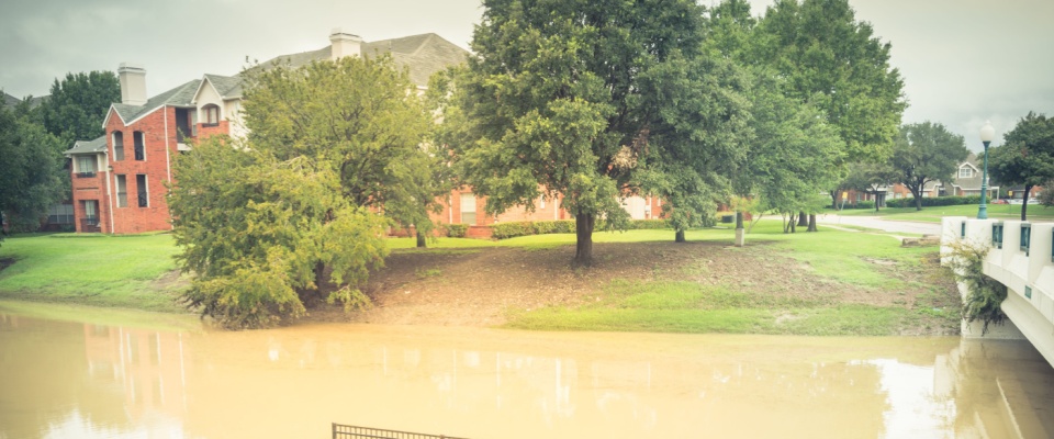 Flooded residential area in Dallas, TX, highlighting the importance of checking flood risk before renting.