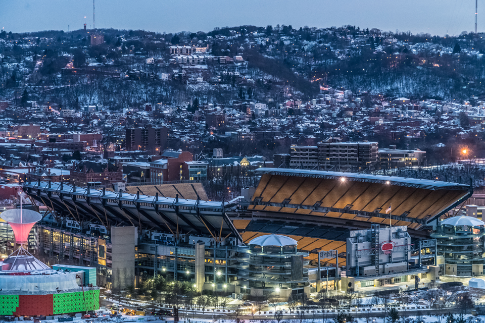 football stadium exterior at night in pittsburgh