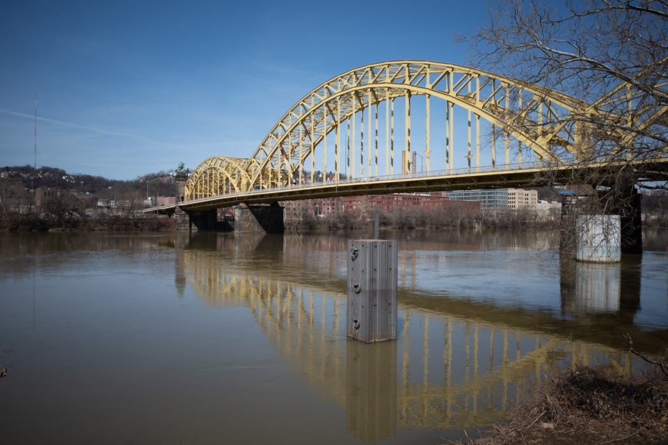 view of a bridge from strip district in pittsburgh