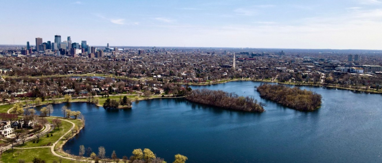 A view of the skyline in Minneapolis as seen from the sky — a great view for those looking for apartments in Minneapolis.
