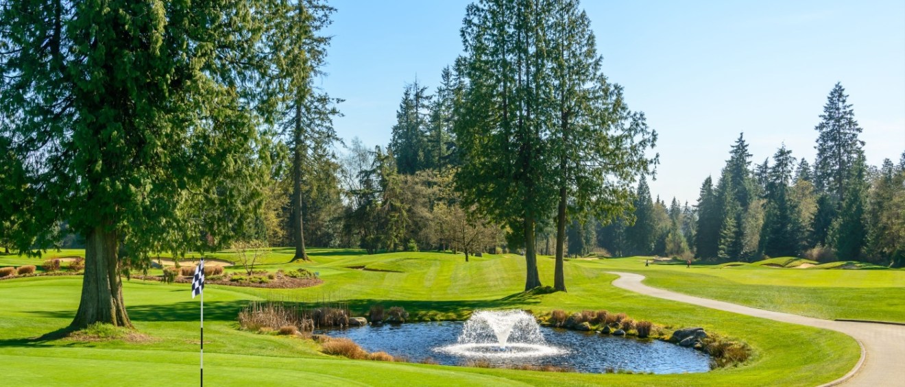 Golf course with gorgeous pond and fantastic forest view