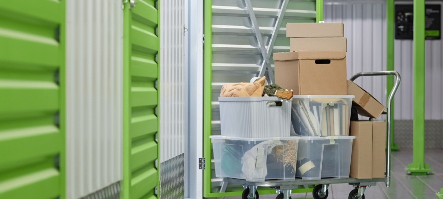 cardboard boxes with personal belongings loaded on dolly cart in hallway in front of self storage unit