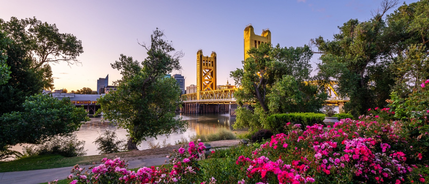 A scenic view of Sacramento’s Tower Bridge surrounded by greenery and flowers at sunset, highlighting the lifestyle appeal and cost of living in Sacramento, CA.
