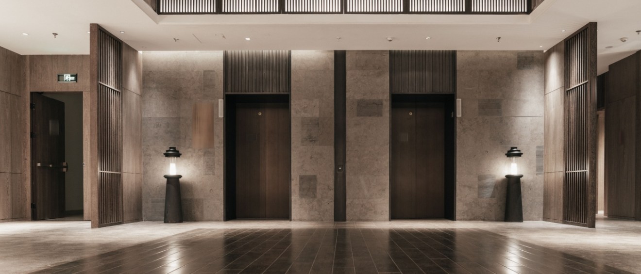 Part of a lobby interior designed in an elegant style, paid for by common area maintenance fees.