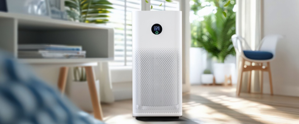 Air purifier placed in a cozy white living room, filtering and removing dust, emphasizing clean air and healthy living in apartments in Sacramento.