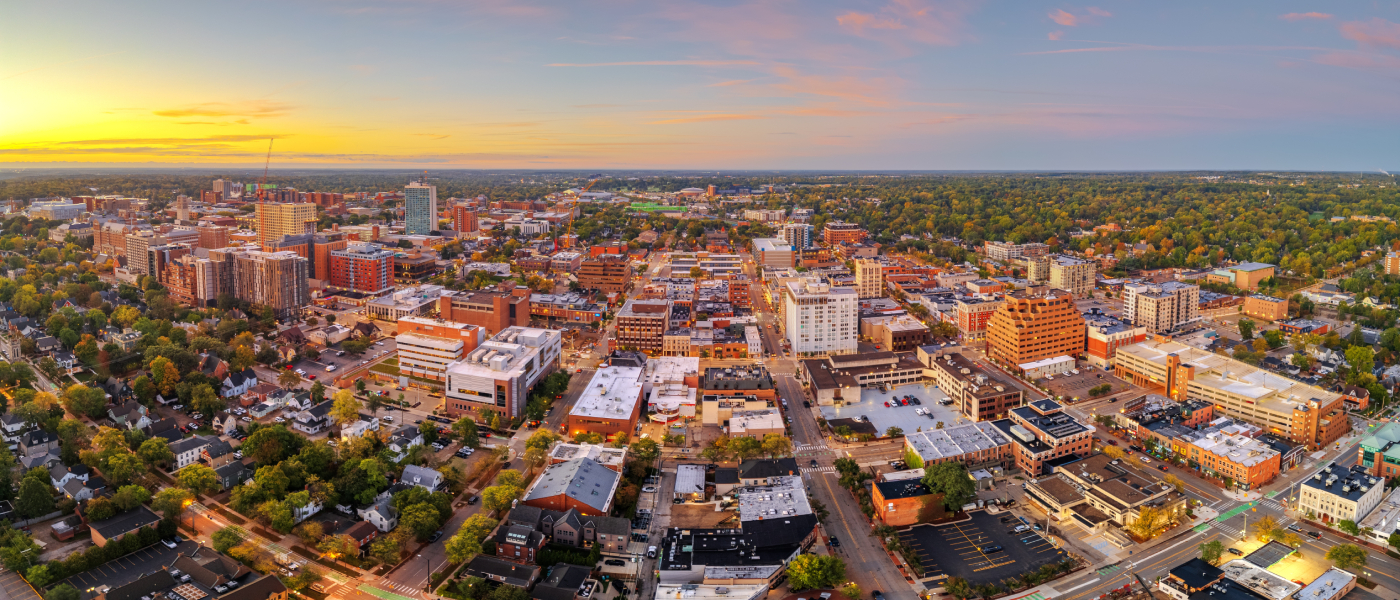 An aerial shot of Ann Arbor, MI, a city where renters can find some affordable neighborhoods with rent prices below the local average.