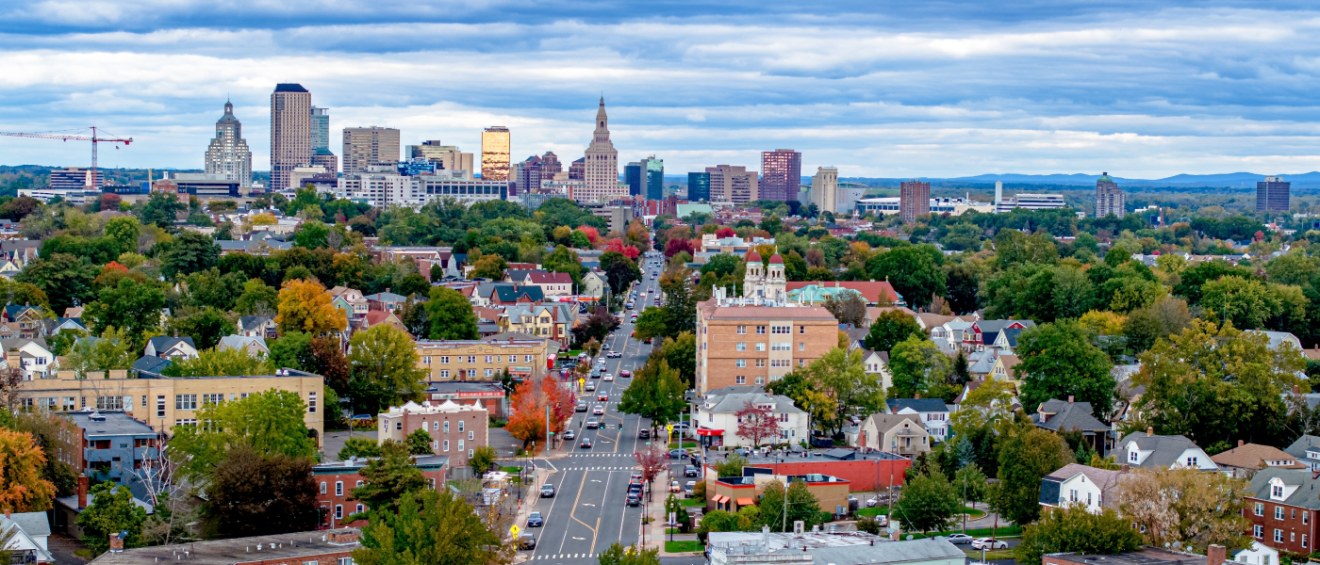 A view of Hartford, CT skyline and neighborhoods—ideal for renters seeking the best affordable neighborhoods in the city.