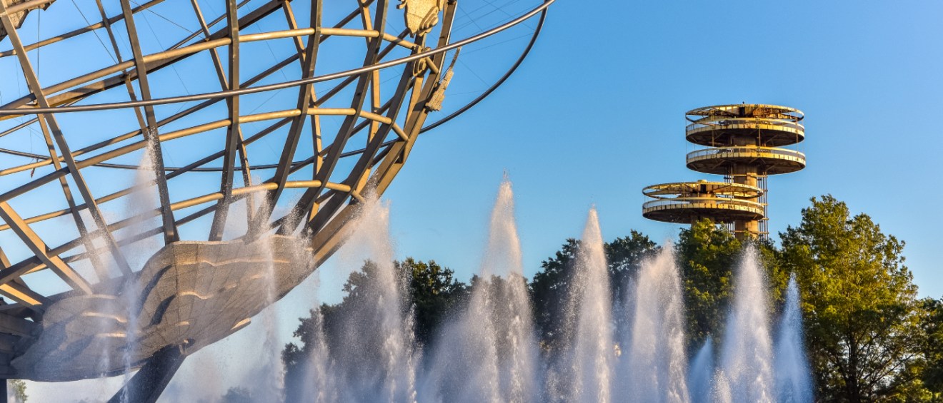 The Unisphere and observation towers in Flushing Meadows-Corona Park, a landmark near some of Queens' most affordable neighborhoods in NYC.