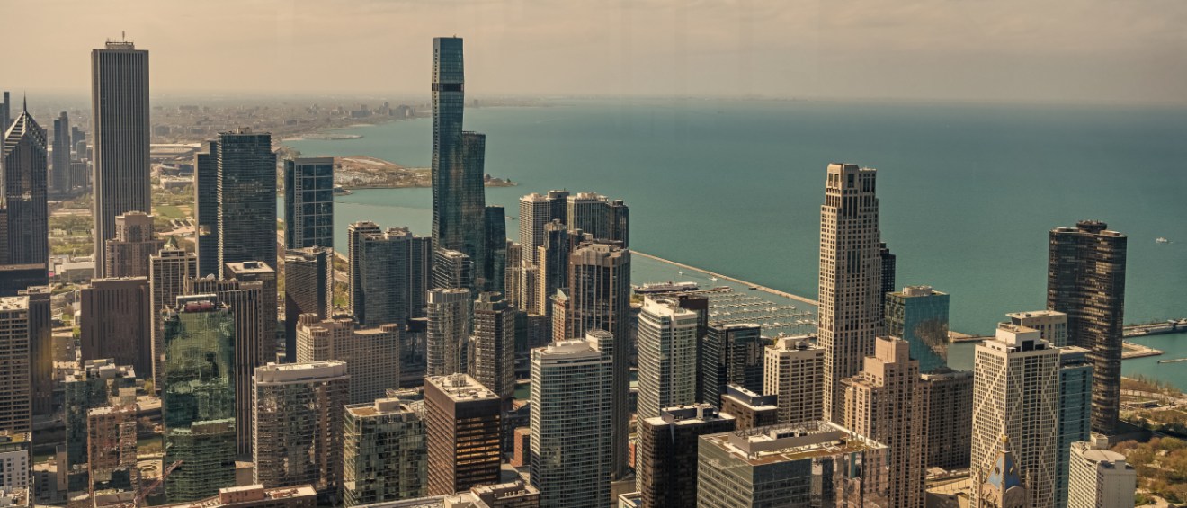 An aerial view of Chicago, a city with a complex public transport system.