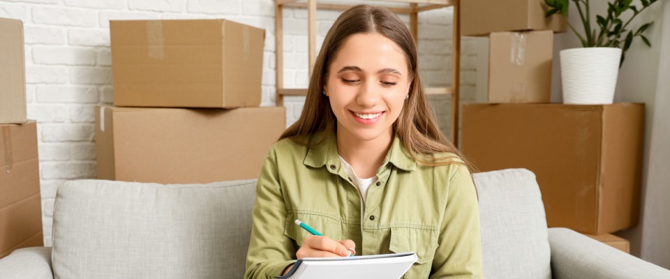 A person checking tips for moving into a new rental apartment.