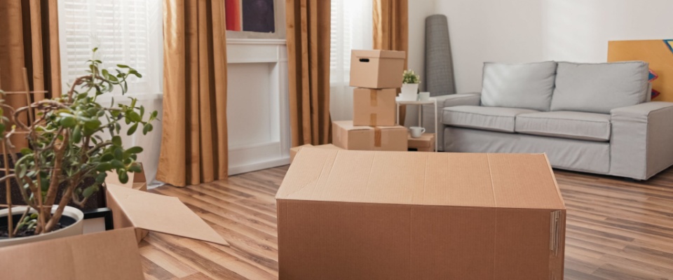 A room with boxes prepared for moving into a new apartment.