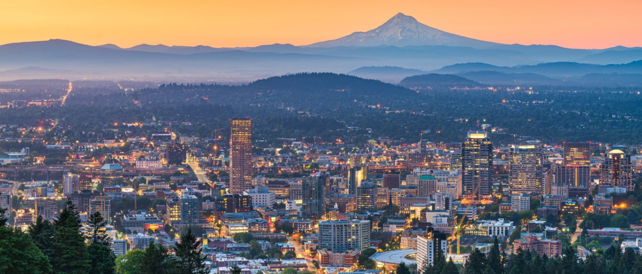 A view of the skyline in Portland, OR, a city where renters can find affordable neighborhoods with rent prices below the local average.