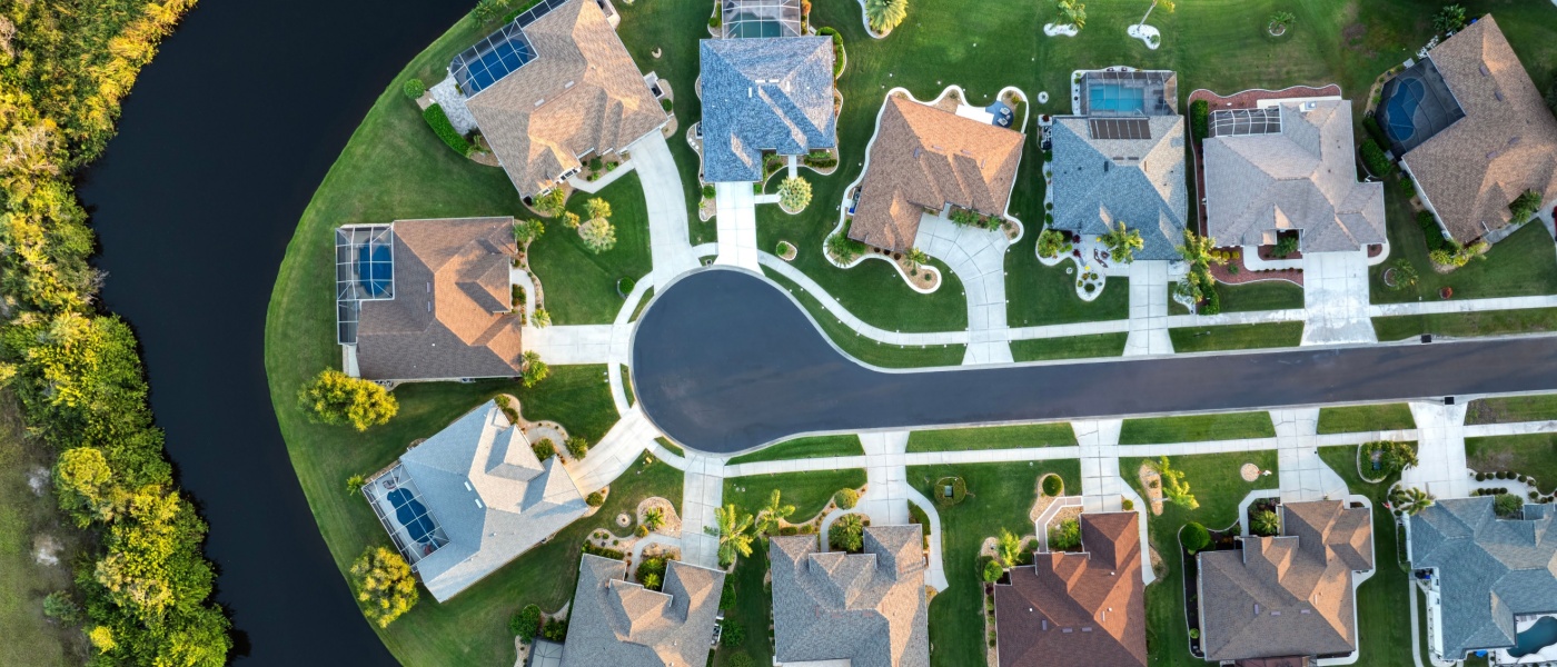 View from above of residential houses in living area in North Port, FL, to illustrate the place with the largest growth in Millennial homeownership.