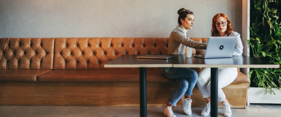 Two women collaborating at a sleek black table in a stylish coworking space, featuring a laptop, notebook, coffee cup, and cozy tufted leather seating alongside a vertical indoor garden