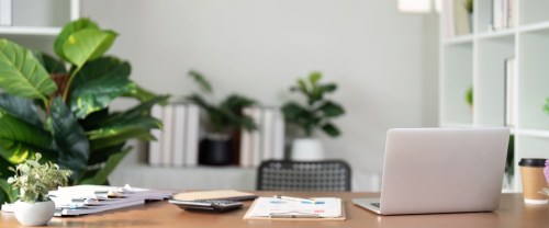 Modern, sunlit workspace in an apartment for remote workers, featuring a sleek laptop, financial documents, calculator, notebooks, a reusable coffee cup, and lush green houseplants on a tidy desk.