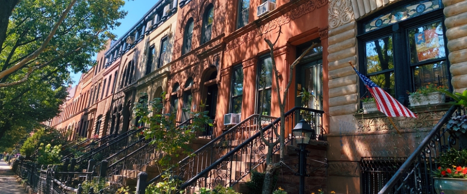 Tree-lined street with classic Brooklyn brownstones, reflecting renter life in Park Slope.