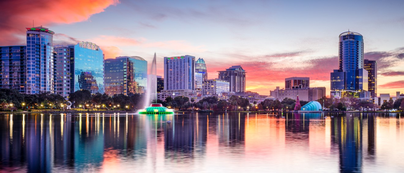 A shot of the skyline in Orlando, FL, a city where the cost of living is lower than state and national averages.