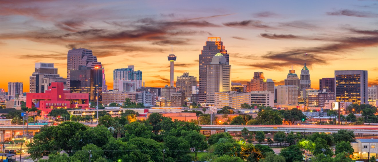 A shot at dusk of the skyline in San Antonio, a city where the cost of living is lower than state and national averages.