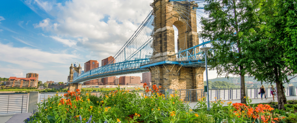 A shot of the John A Roebling Bridge in Cincinnati, the #3 city for renter engagement in the first half of 2025.