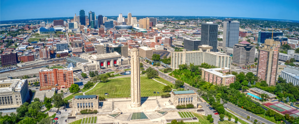 An aerial shot of Kansas City, MO, the #2 city for renter engagement in the first half of 2025.
