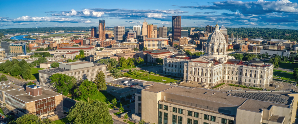 An aerial shot of St. Paul, MN, the #10 city for renter engagement in the first half of 2025.