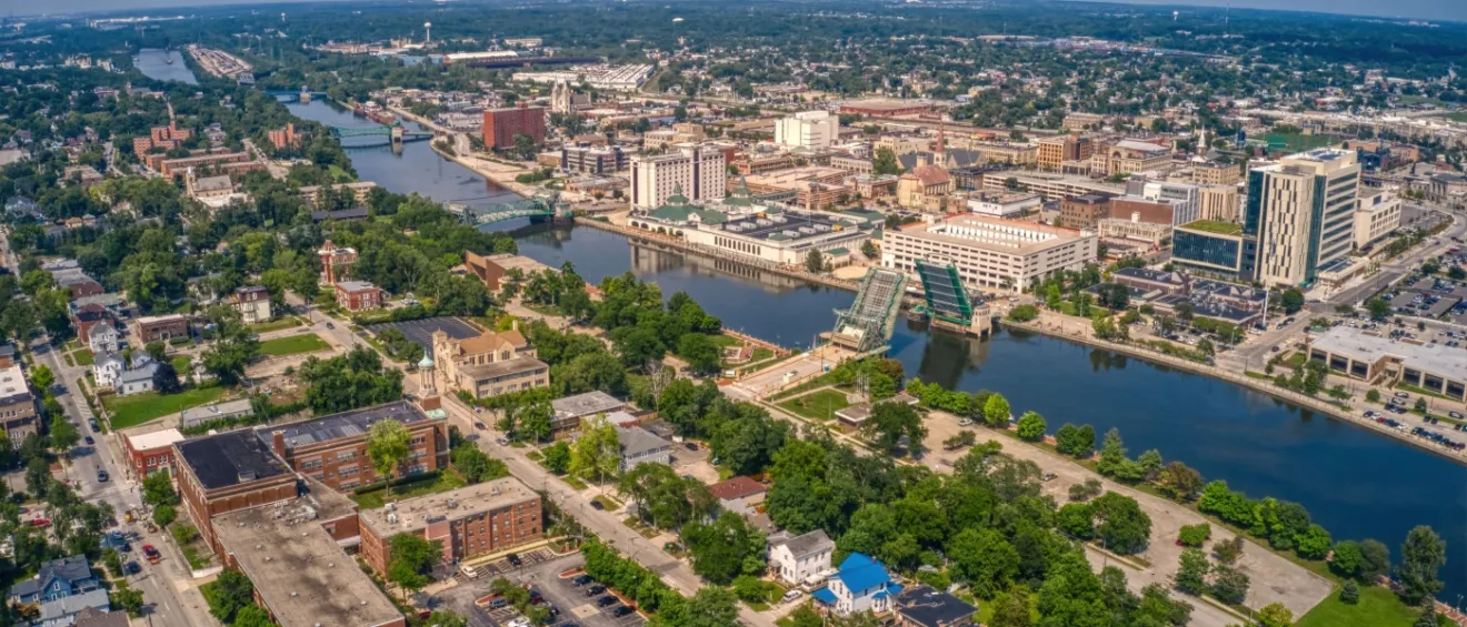 Aerial view of downtown Joliet, IL, to illustrate the cost of living in Joliet, IL.