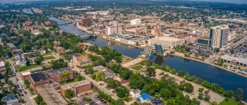 Aerial view of downtown Joliet, IL, to illustrate the cost of living in Joliet, IL.