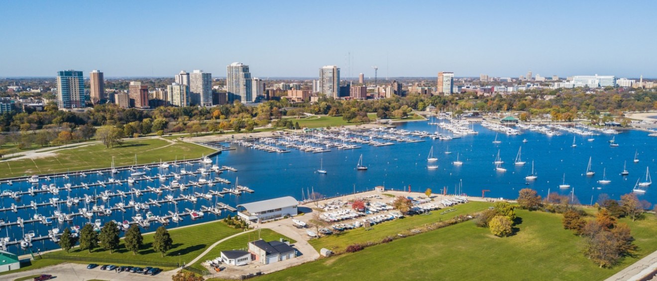 An aerial view of Milwaukee Marina to illustrate the top questions to ask before renting an apartment in Milwaukee.