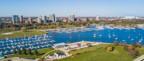 An aerial view of Milwaukee Marina to illustrate the top questions to ask before renting an apartment in Milwaukee.