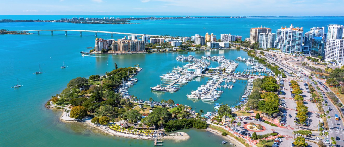 An aerial shot of the marina area in Sarasota, FL.