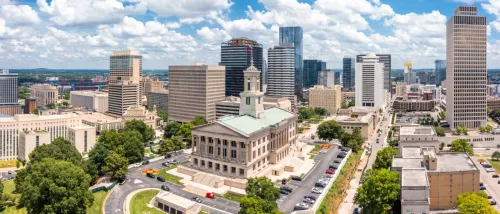 Aerial view of Nashville Capitol and skyline on a sunny day.
