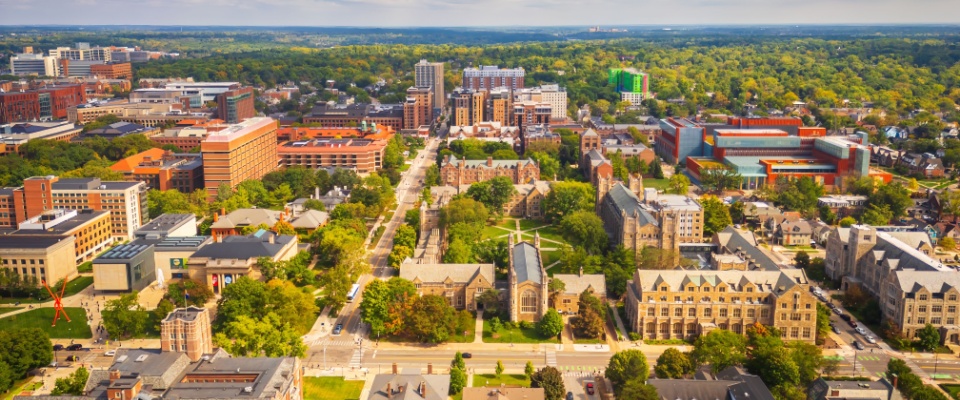 Afternoon skyline of Ann Arbor, Michigan, showcasing the college town atmosphere and cityscape, highlighting the cost of living in Ann Arbor.