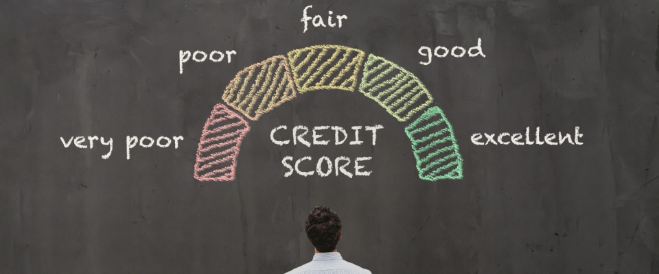 A person stands in front of a chalkboard showing a colorful credit score gauge labeled with ratings from very poor to excellent, visually representing how rent reporting can help improve credit scores for renters.
