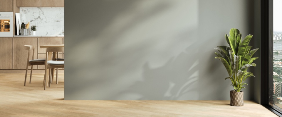 A sunny apartment kitchen with large windows, casting natural light and plant shadows on the floor, visually illustrating how to keep your apartment cool in summer by following various energy-saving tips.