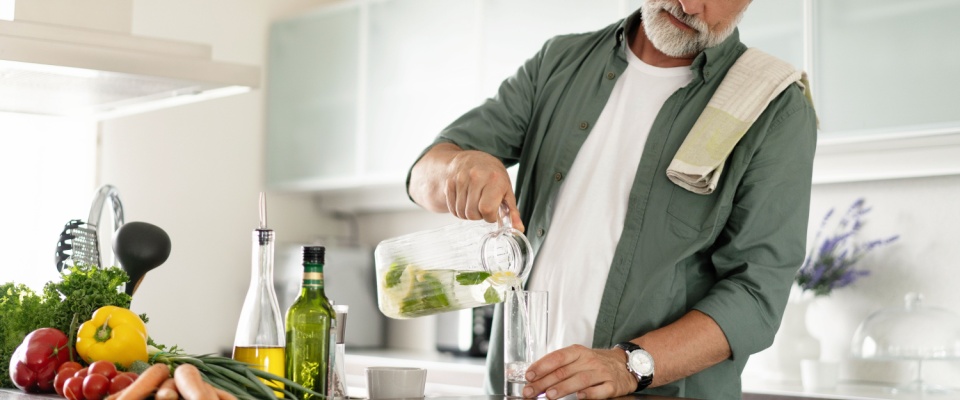 A man prepares a refreshing drink in a bright, modern kitchen surrounded by fresh vegetables and olive oil, visually representing a summer energy-saving tip of cooking simple meals at home to reduce oven use and help keep the house cool.