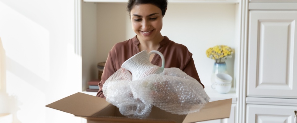 A smiling woman unpacks a fragile parcel at home — using smart packing hacks can make unboxing delicate kitchenware safer and more efficient for renters and online shoppers alike.