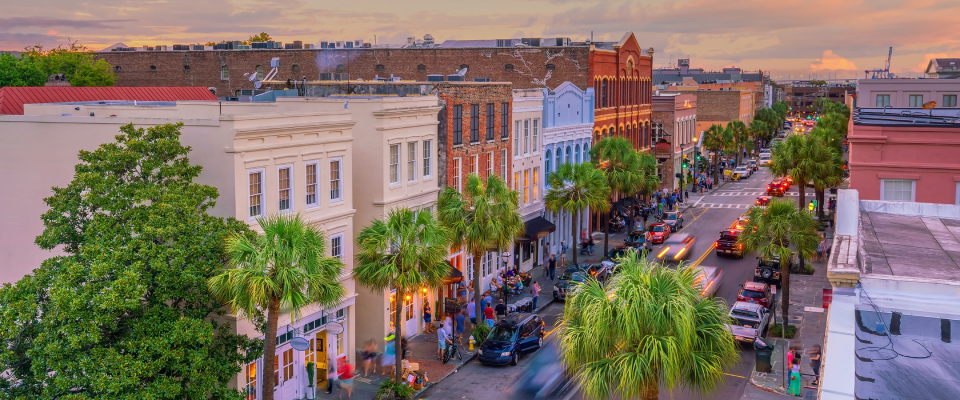 An aerial shot of the historical downtown area in Charleston, SC.