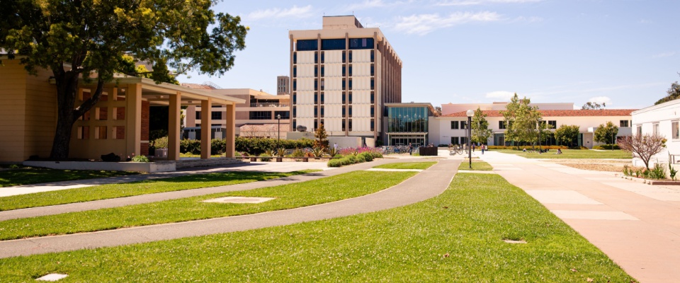 A peaceful view of the UCSB campus on a sunny day reflects the calm environment and academic charm that draws many to consider moving near a college town like Santa Barbara for its educational opportunities and lifestyle.
